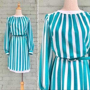 Vintage 80s Striped Midi Dress in Teal and White